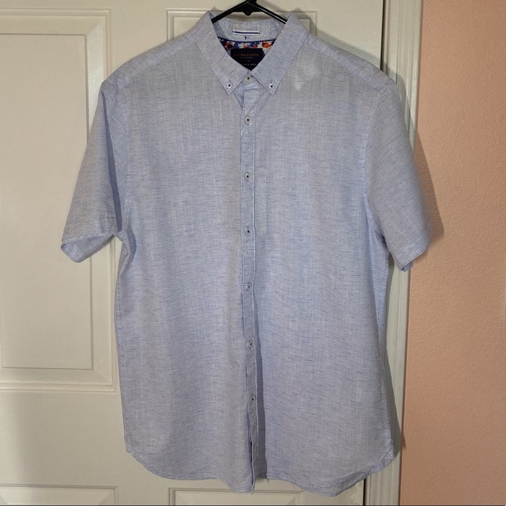 Denim and Flower Blue Collared Button Down Polo Shirt with Short Sleeves | Large